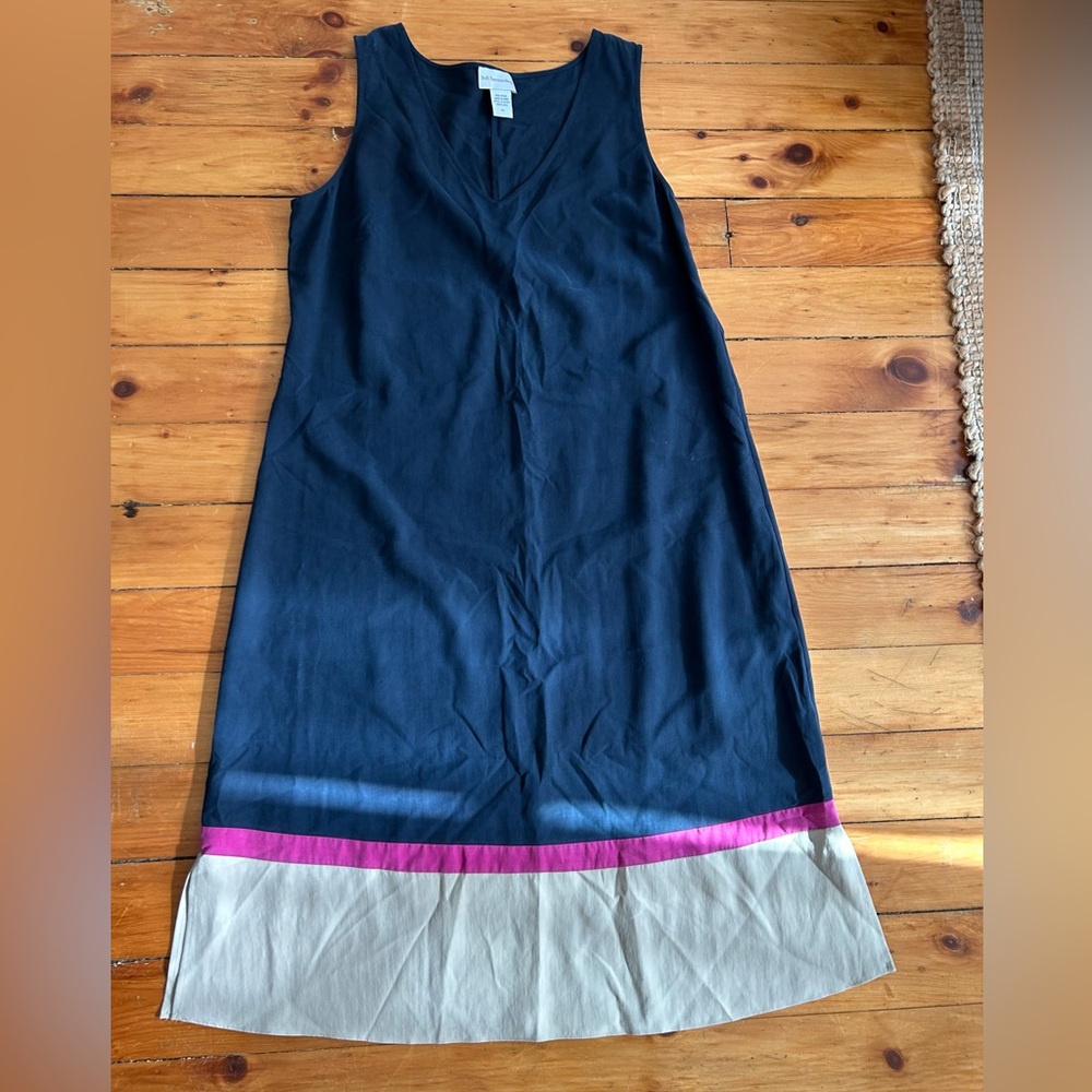 Soft Surroundings Navy Sleeveless Long Dress with Pink and Cream Hem